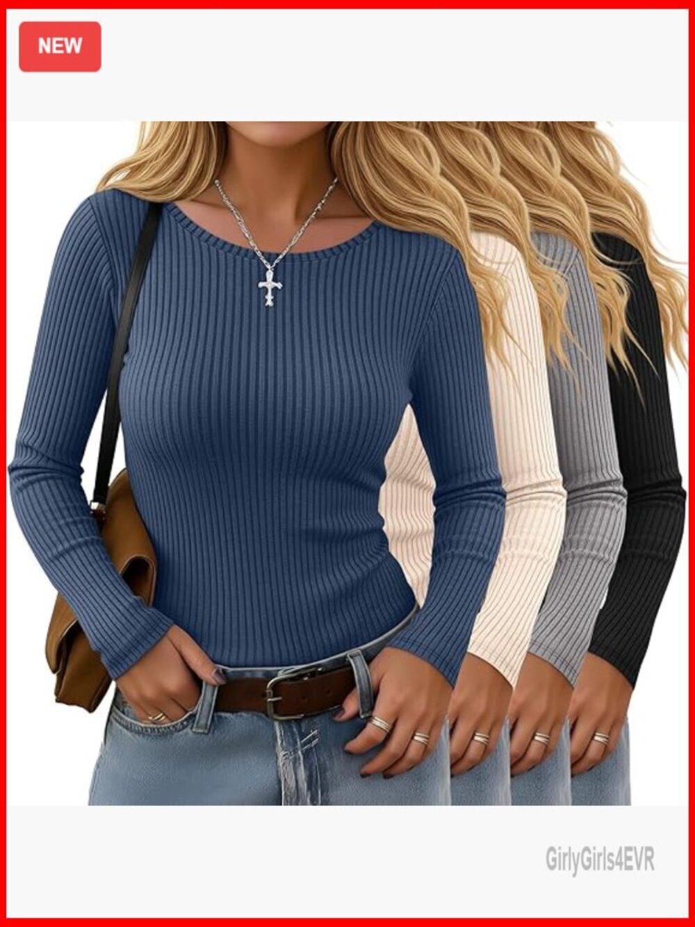 4 Pack Long Sleeve Ribbed Crew Neck Tees Slim Fit Stretch Knit Tops